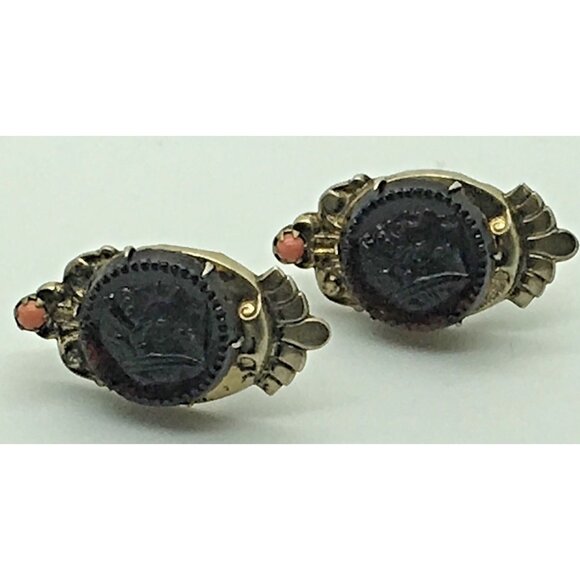 Victorian Sterling Silver Cameo Roman Greek Goddess Screw Back Earrings Coral - Picture 2 of 3